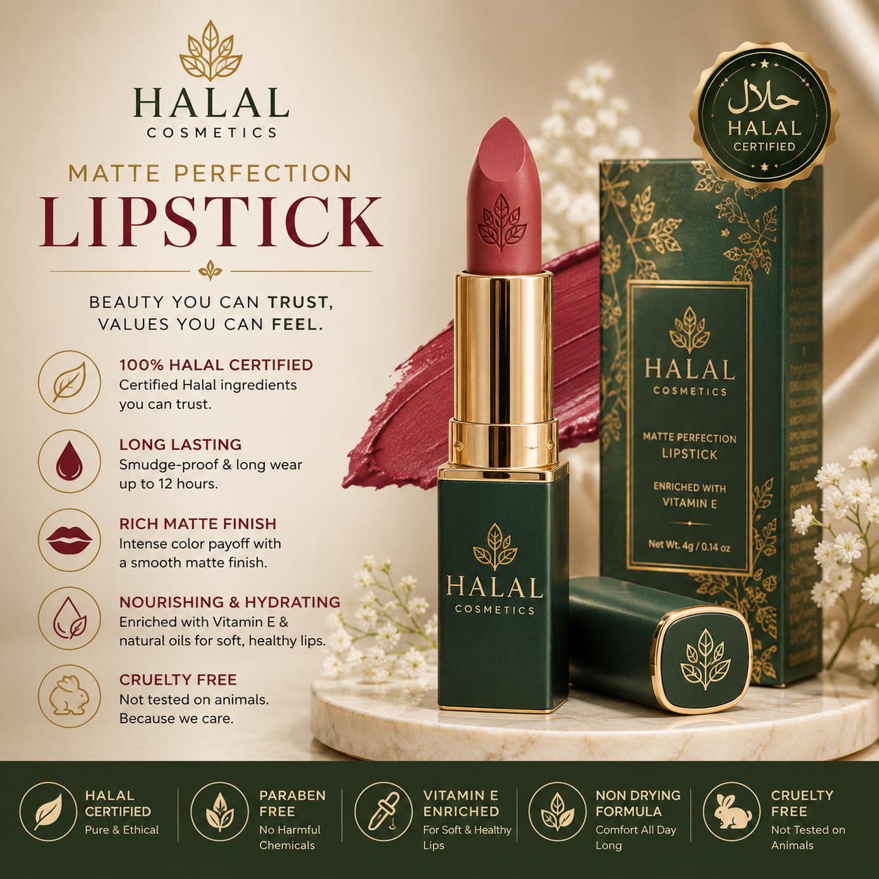 Halal Cosmetics Matte Lipstick – Long Lasting, Waterproof & Halal Certified